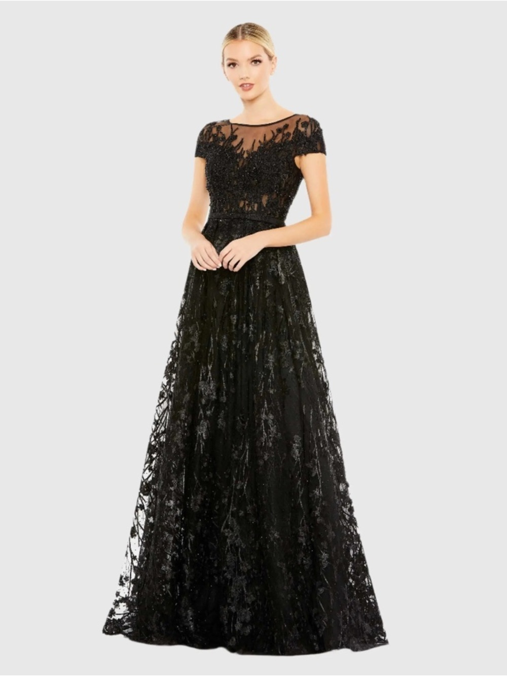Mac Duggal 20405 Black Embellished Floral Cap Sleeve A Line Gown Size 16 NWOT